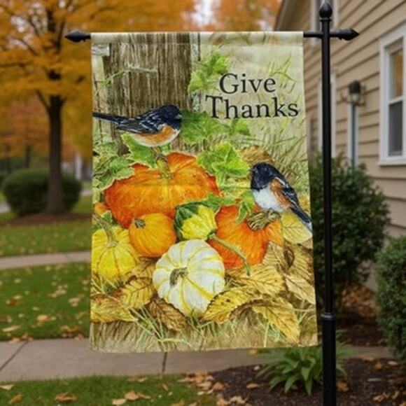 Garden Flag "Give Thanks" Autumn Birds & Pumpkins - Picture 1 of 2